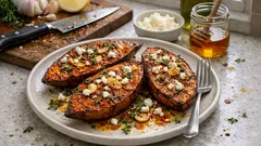 Cut-side up roasted sweet potatoes with garlic, thyme and warm spices