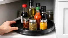 The simple lazy Susan fix for deep kitchen cupboards (no more lost jars)